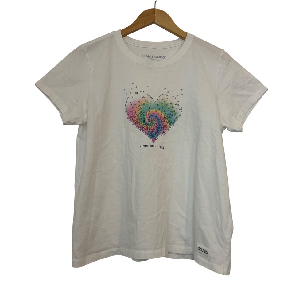 Life Is Good White Short Sleeve Tee with Rainbow Heart Spiral Graphic